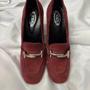 Tods Burgundy Suede Double T Heeled Loafers